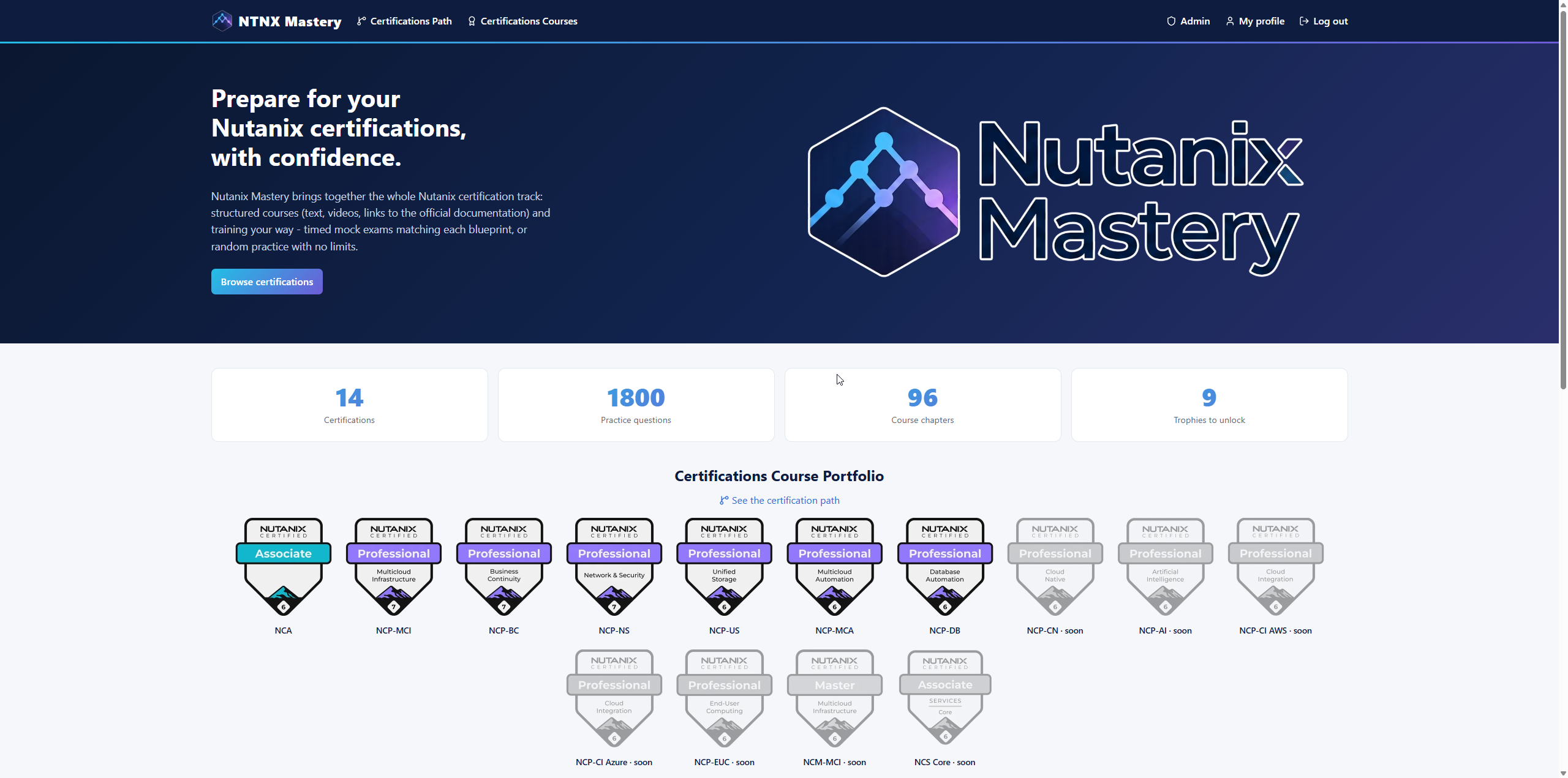 Page d'accueil de ntnx-mastery.com, portail gratuit pour préparer les certifications Nutanix