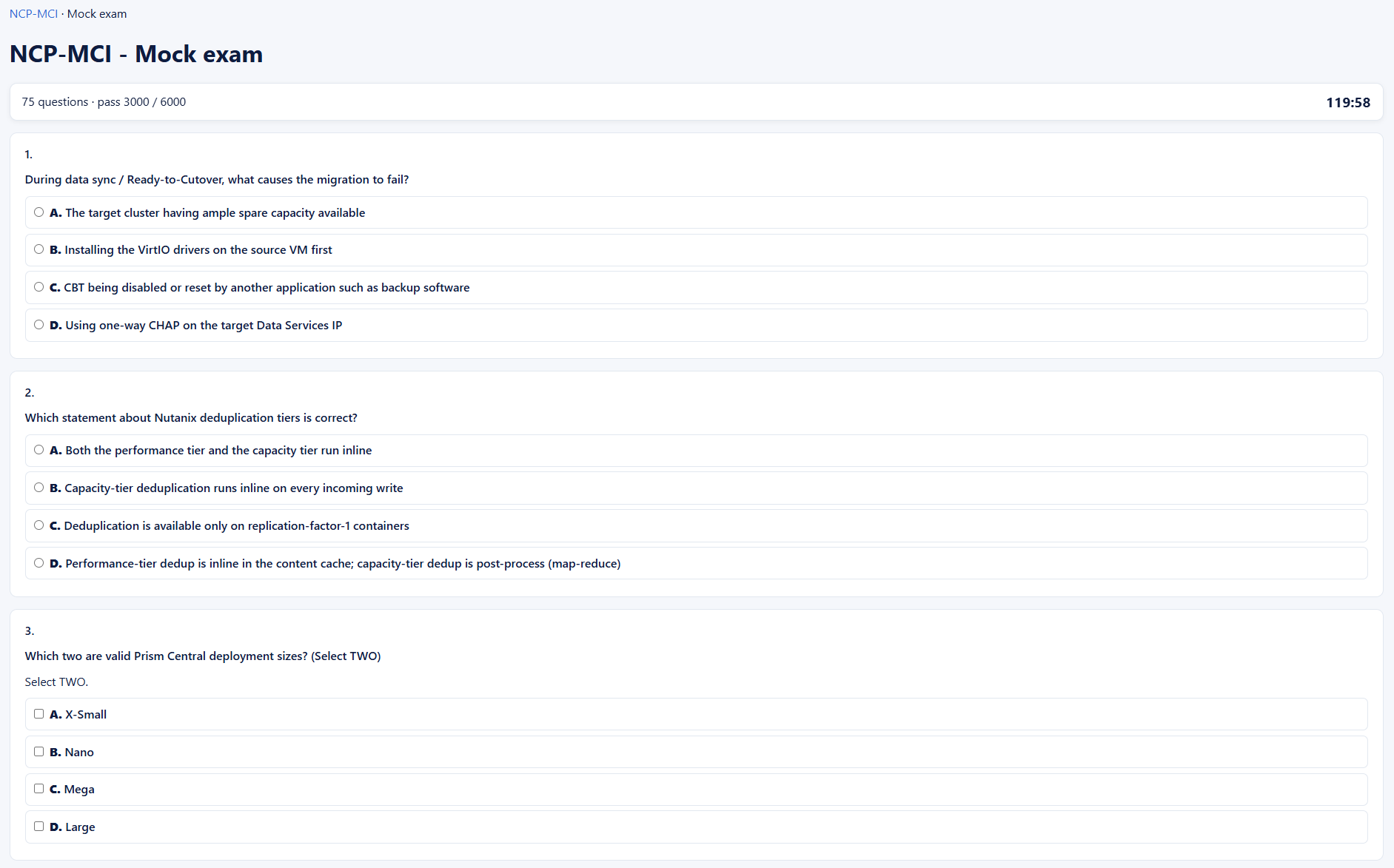 Examen blanc NCP-MCI chronométré sur Nutanix Mastery, 75 questions