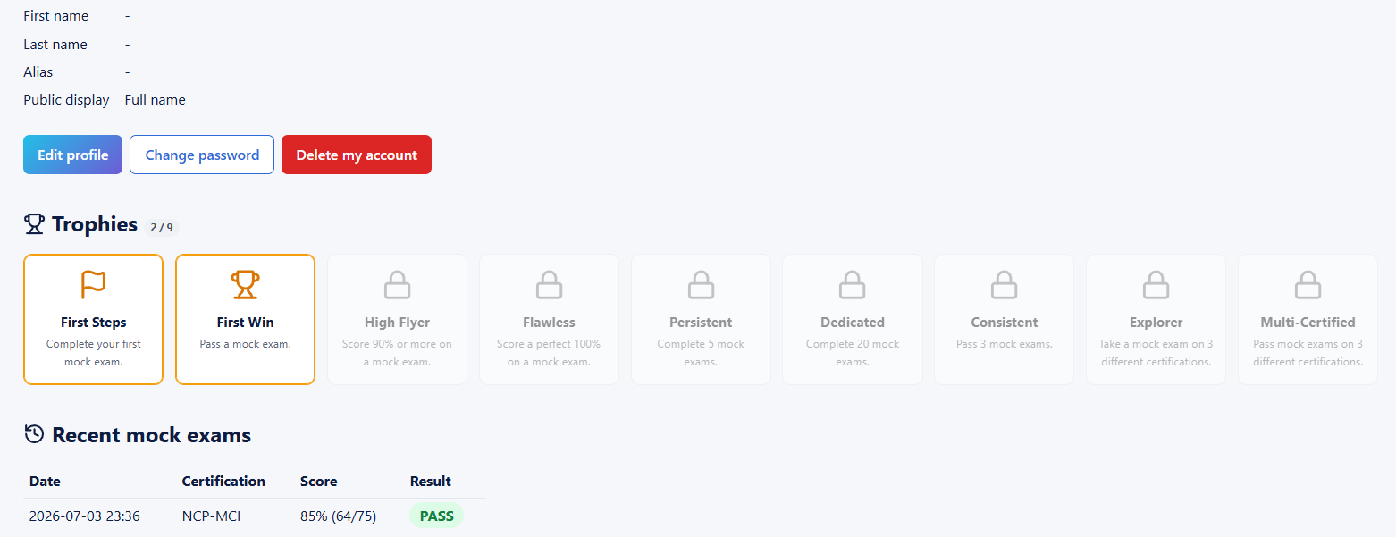 Trophées et historique des examens blancs sur Nutanix Mastery