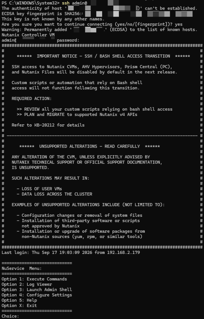 NuService Menu displayed on an SSH connection as admin to an AOS 7.6 CVM